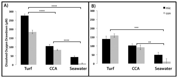Dissolved oxygen drawdown by coral-associated bacteria when exposed to different algal exudate treatments.