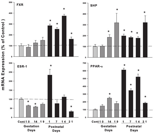 Hepatic mRNA expression of nuclear receptors SHP, FXR and ESR-1 and PPAR-α in pregnant and lactating rats.