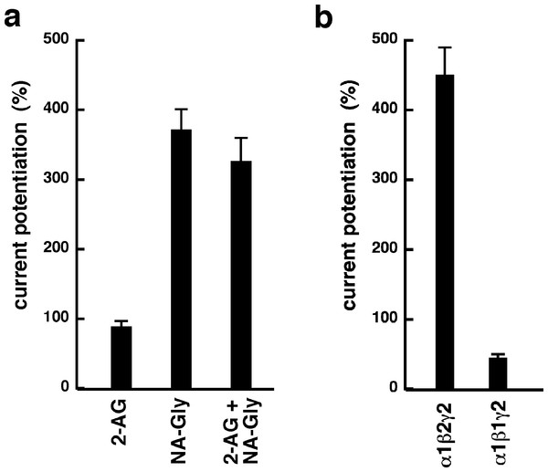 Effect of subunit combination and co-application with 2-AG.