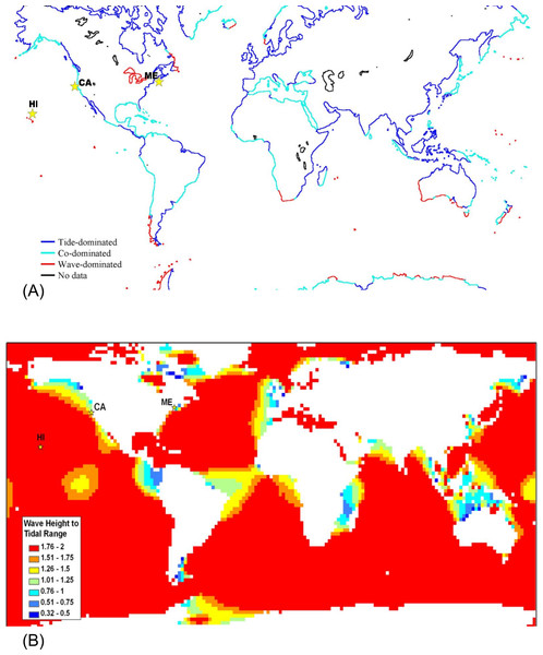 Global map classifying shorelines according to relative wave and tidal ranges.