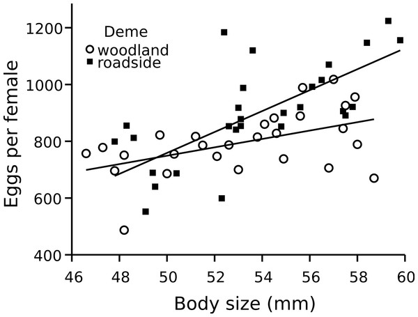 Wood frog fecundity in relation to female size and deme.