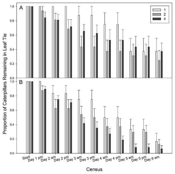 The proportion of caterpillars remaining in a tie for each density treatment.