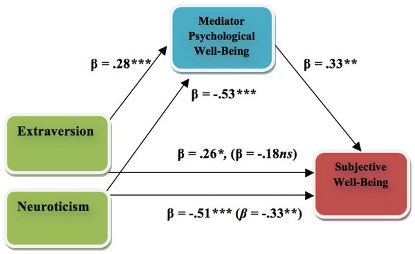 Model of the mediating role of psychological well-being in the relationships between Neuroticism and subjective well-being and between Extraversion and subjective well-being among Swedish adolescents.