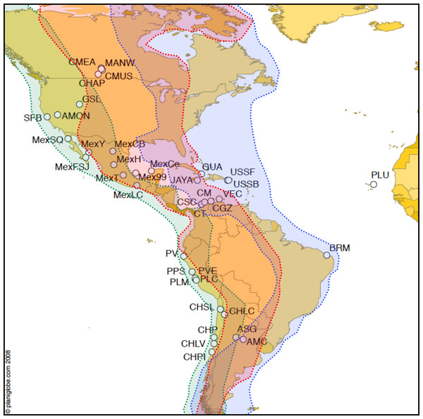 Map of Artemia franciscana sampled sites and American bird migratory flyways.