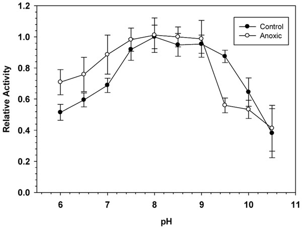 Effect of pH on the activity of hepatopancreas G6PDH from control and anoxic L. littorea.