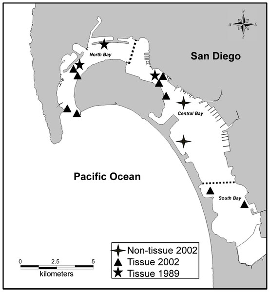 San Diego Bay sampling sites in San Diego, CA, USA (32.66987 N, 117.139521 W).