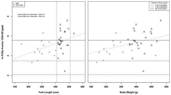 Spotted sand bass (Paralabrax maculatofasciatus) PCB tissue concentrations by composite fork length and weight in San Diego Bay, with regression lines.