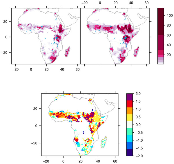 Map of cattle in Africa in the 1960s and 2000s