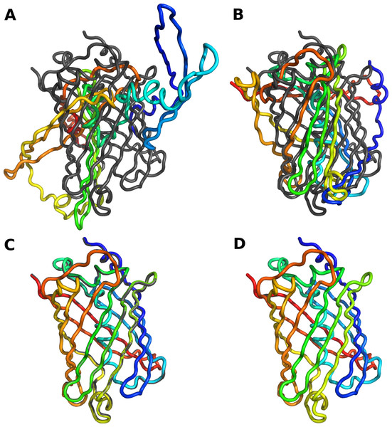 Reconstruction of protein backbone using varying degrees of modeling accuracy.