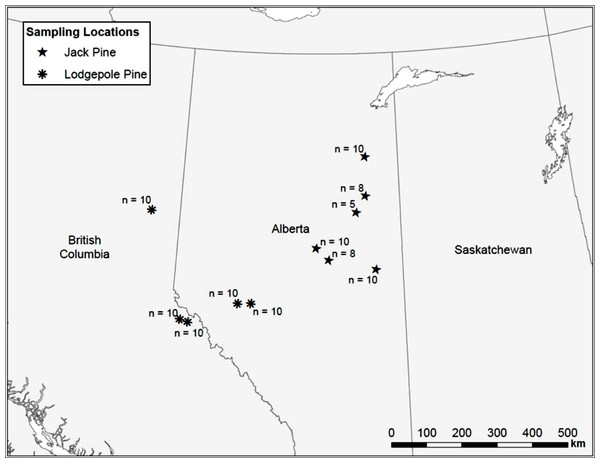 Map of sample locations in British Columbia and Alberta.