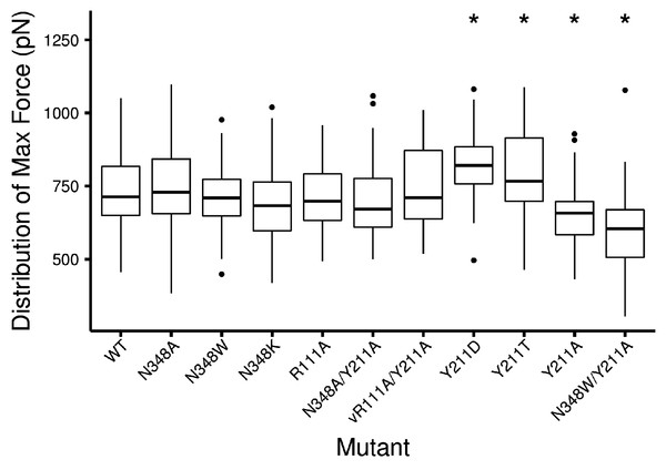 Distribution of interpolated maximum force for all bound complexes tested.