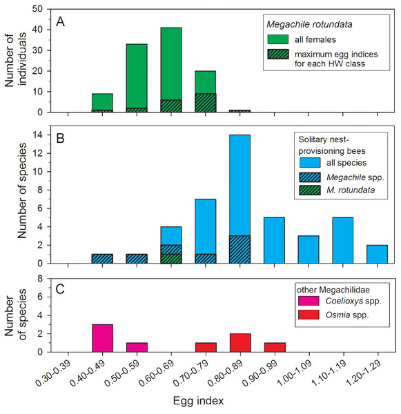 Comparisons of egg index values for female Megachile rotundata (Fabricius, 1787) (Hymenoptera: Megachilidae) in this study (A), 41 solitary nest-provisioning bees examined by Iwata & Sakagami (1966), plus the mean M. rotundata value (B).