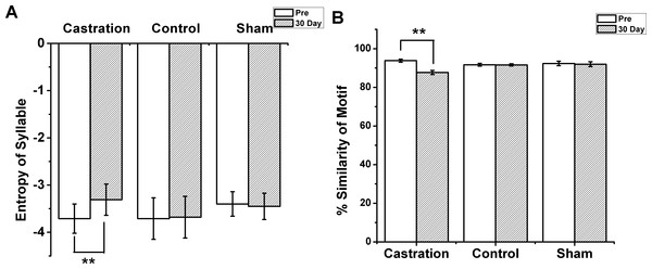 The entropy of syllable and % similarity of motif in castration, control, and sham groups.