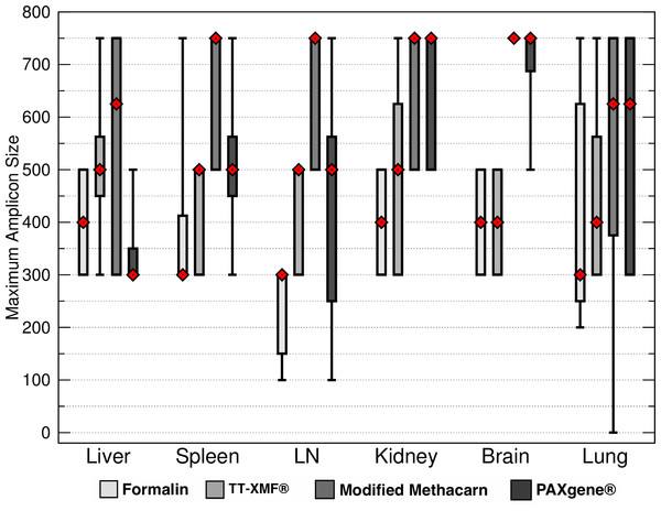 Maximum DNA amplicon size ranges for different tissue samples.