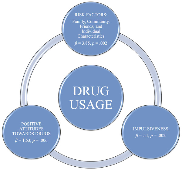 A vicious circle including positive attitude towards drugs, risk factors and impulsiveness.