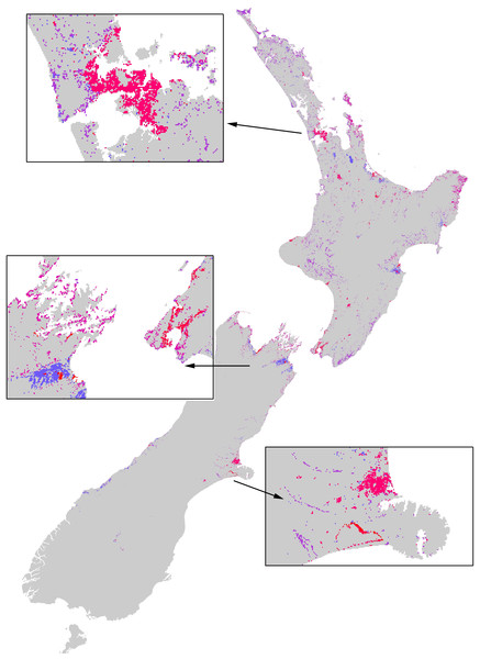 The extent of the impacts of the Asian Paper wasp across New Zealand based on a combination of potential distribution, land-cover density, and foraging intensity.