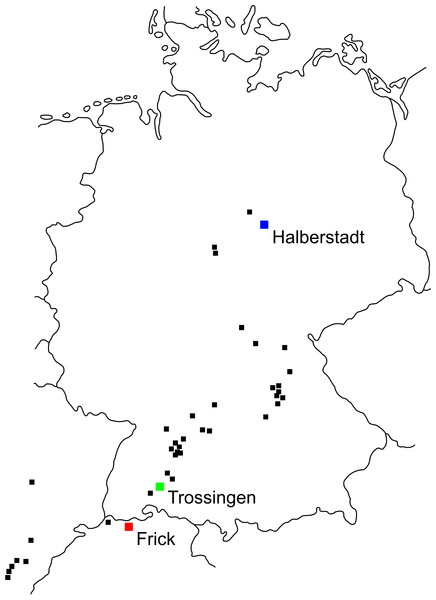 Plateosaurus localities in Germany, France and Switzerland.