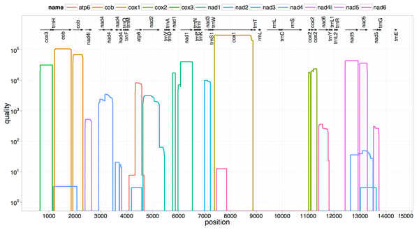 Summarized 12 protein coding genes and their blast hit protein plots.