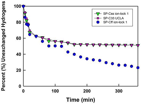 The percent (%) unexchanged hydrogens vs. time (min) from FTIR of SP-C mimics in surfactant lipids.