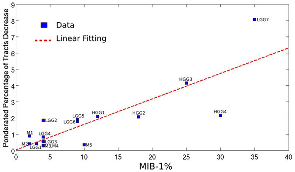 Linear regression between the pondered tumor-induced reductions in tracts and lesion-specific histological features (MIB-1 index) across all the studied cases; scatter plot shows the data and the estimated linear fitting.