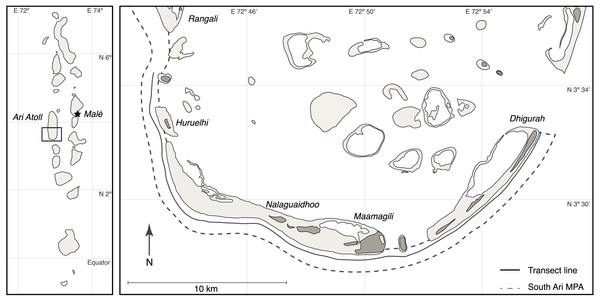 Map of South Ari Atoll showing the South Ari MPA and the survey transect.