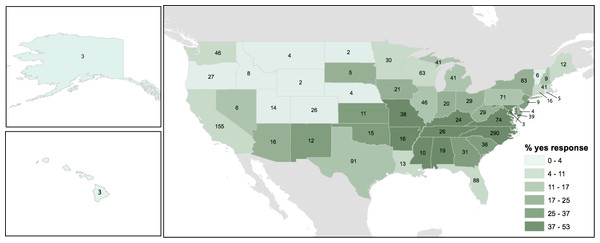 Percentage of households by state reporting the presence of camel crickets around the home.