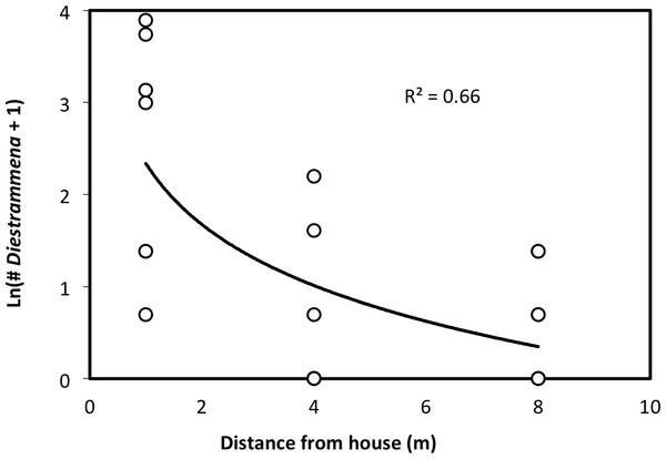 The number of D. asynamora crickets in yard traps as a function of the distance from a house.