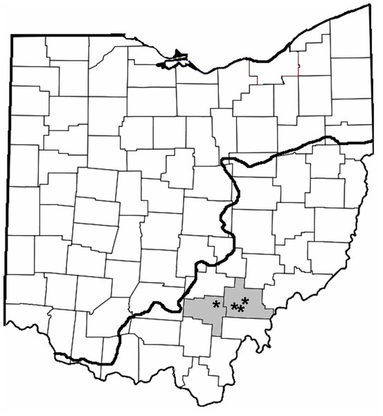 County map of Ohio highlighting the counties where trapping occurred (gray shading; Vinton and Athens) and location of the reservoirs (asterisks).