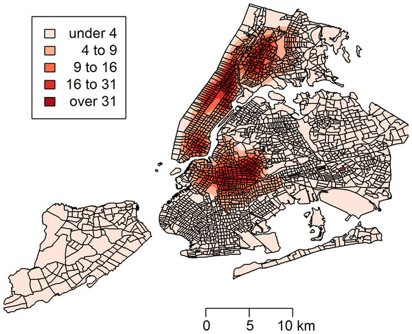 Kernel density estimate (KDE) of rat sightings reported to the New York City Department of Health and Mental Hygiene.