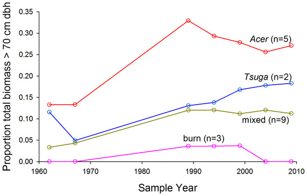 Proportion of living biomass in large trees.