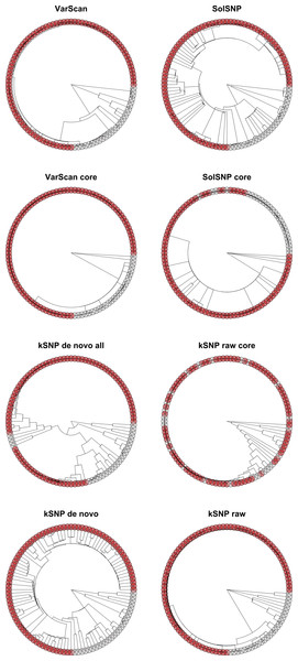 Topologies inferred with RAxML on matrices that had been pruned to only include strains present in Allard et al. (2012).