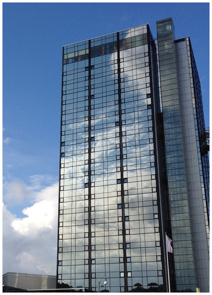 Sky reflected in the windows of a high-rise building in central Gothenburg, Sweden.