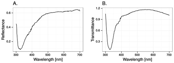 Reflectance (A) and transmittance (B) of cumulus cloud spectra in the test windows.