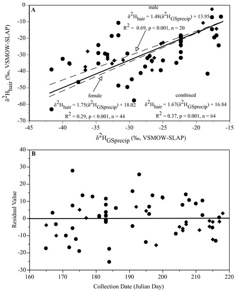 Relationships of δ2Hhair and δ2HGSprecip during the estimated period of molt for males and females of L. borealis.