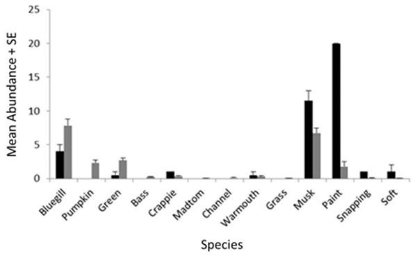 Mean abundance + standard error for each species in the NMDS ordination for cold (black) and warm (gray) sites (Fig. 6C).