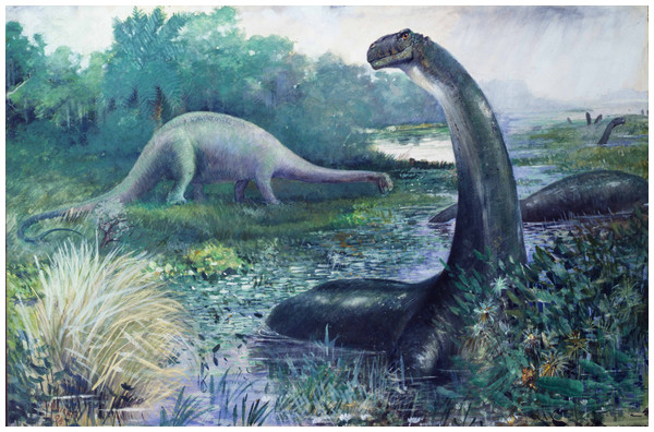 Charles R. Knight’s famous 1897 painting of sauropods, which were then considered amphibious.