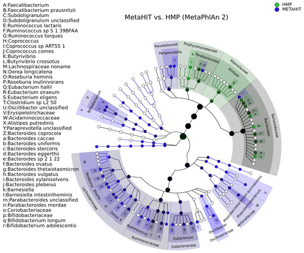 Taxonomic comparison between HMP and MetaHIT stool samples.