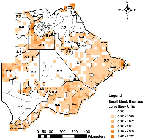 The distribution of small stock biomass in Large Stock Units (LSU) across Botswana.
