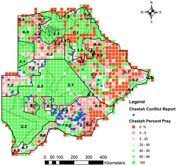 The distribution of the percentage cheetah prey biomass in Large Stock Units (LSU).