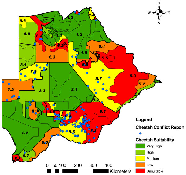Predictive map showing the landscape suitability of the different strata in Botswana for the long-term persistence of cheetahs.