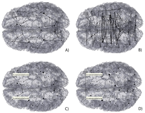 3D Graph visualization of direct (A) and (C), and mediated (B) and (D) hybrid structural-functional brain connectivities.