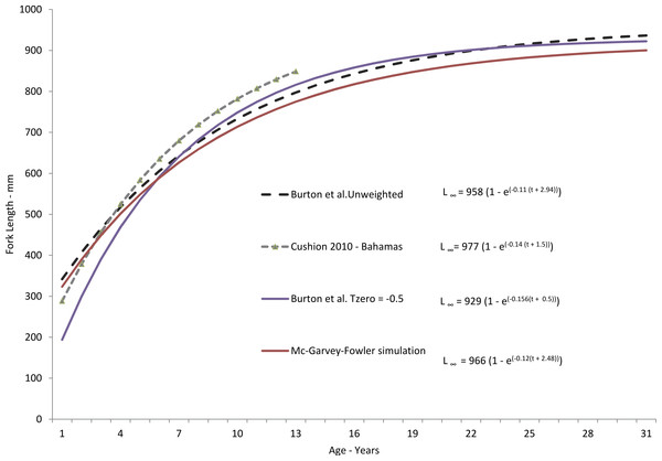 Comparison of theoretical growth of yellowfin grouper from various studies.