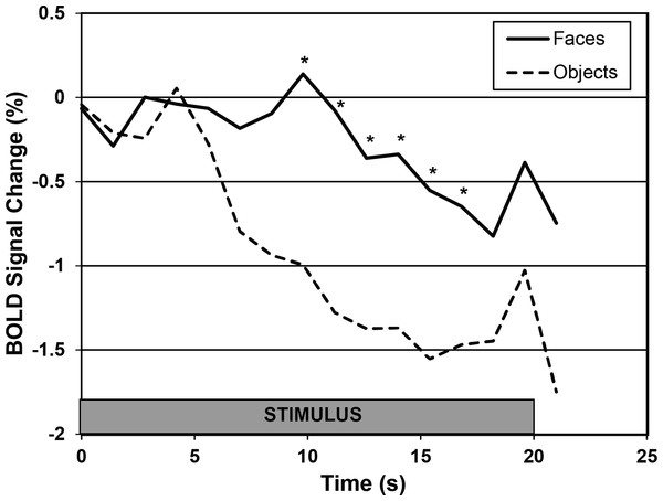 Average time course of activation in DFA for faces and objects.