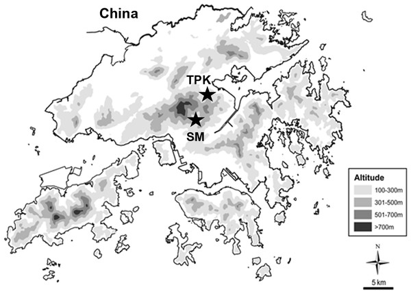Locations of the two study reaches in Tai Po Kau Forest Stream (TPK) and Lead Mine Pass Stream (SM).