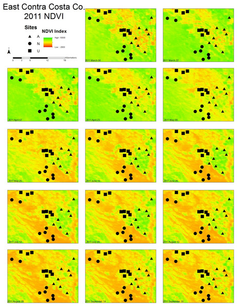 Maps illustrating the change in NDVI from March to September in East Contra Costa County, California.