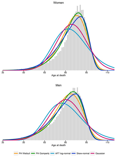 Histogram of estimated number of deaths per one-year age intervals.