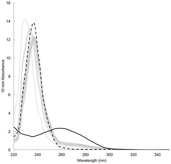 Absorbance spectrum of DNA prepared from mucus samples (grey lines), blank (i.e., card only, black dotted) and a tissue sample with DNA extraction kit (black solid) measured by Nanodrop™.