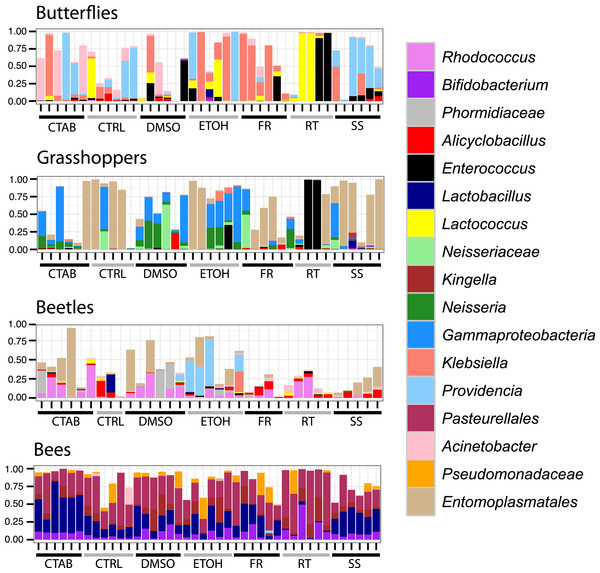 Composition of bacterial communities in study insects.