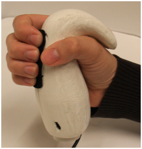 A participant’s hand holding a Frebble mediated touch device.