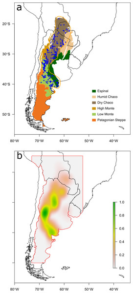 Maps of observations and a priori probability distribution of Chelonoidis chilensis.